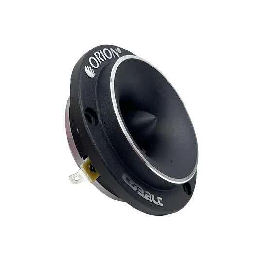 Black bullet tweeter with silver trim ring, side view, ORION logo