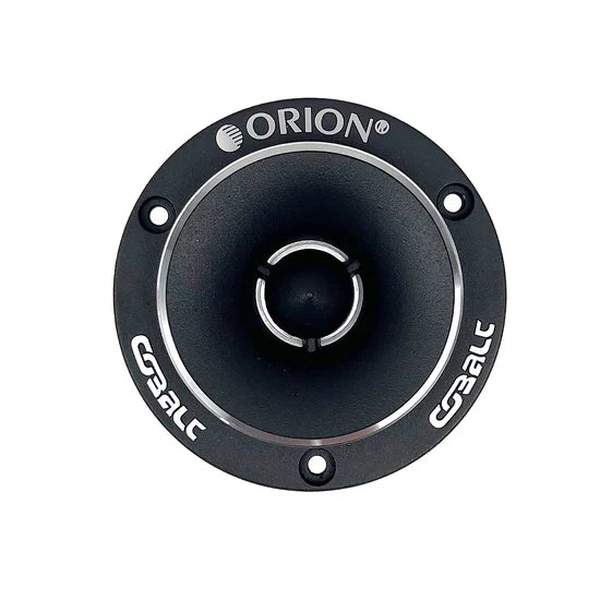 Black bullet tweeter with silver trim ring and ORION logo, front view