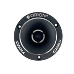 Black bullet tweeter with silver trim ring and ORION logo, front view