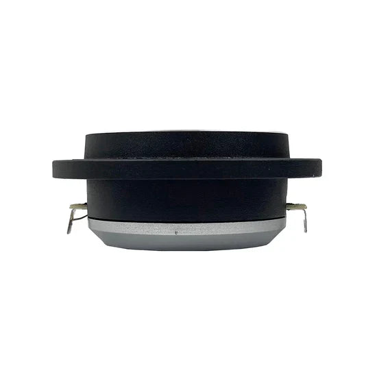 Black bullet tweeter with gray back housing and mounting tabs, side profile