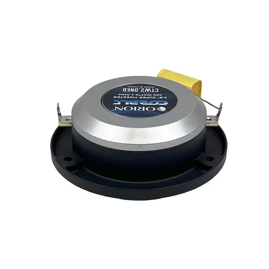 Black bullet tweeter with silver back cap and yellow lead wires, rear view