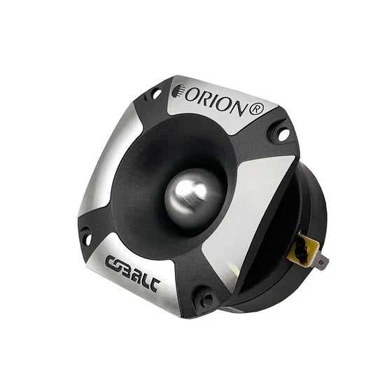 3.7-in bullet tweeter angled view, black housing with terminal leads
