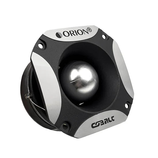 Black-and-silver Orion bullet tweeter, dome horn with mounting holes and branded badge