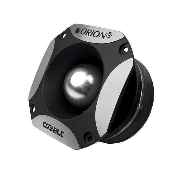 Black and silver Orion bullet tweeter with central metal dome and side mounting clips