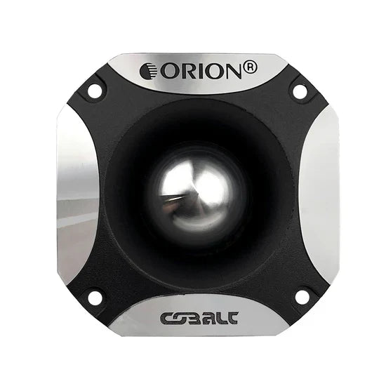 Black Orion bullet tweeter with silver ring frame and four mounting holes