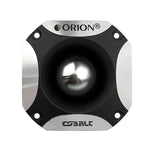 Black Orion bullet tweeter with silver ring frame and four mounting holes