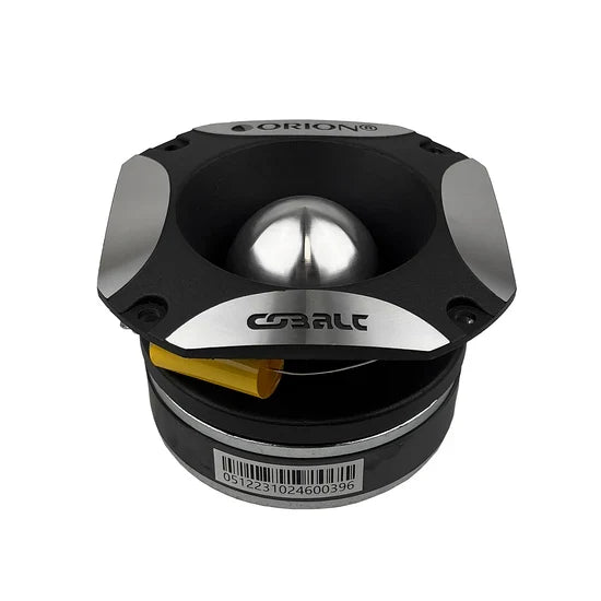 Black Orion bullet tweeter with silver horn and yellow damping insert, single speaker