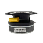 Orion bullet tweeter rear view with yellow damping element and barcode label