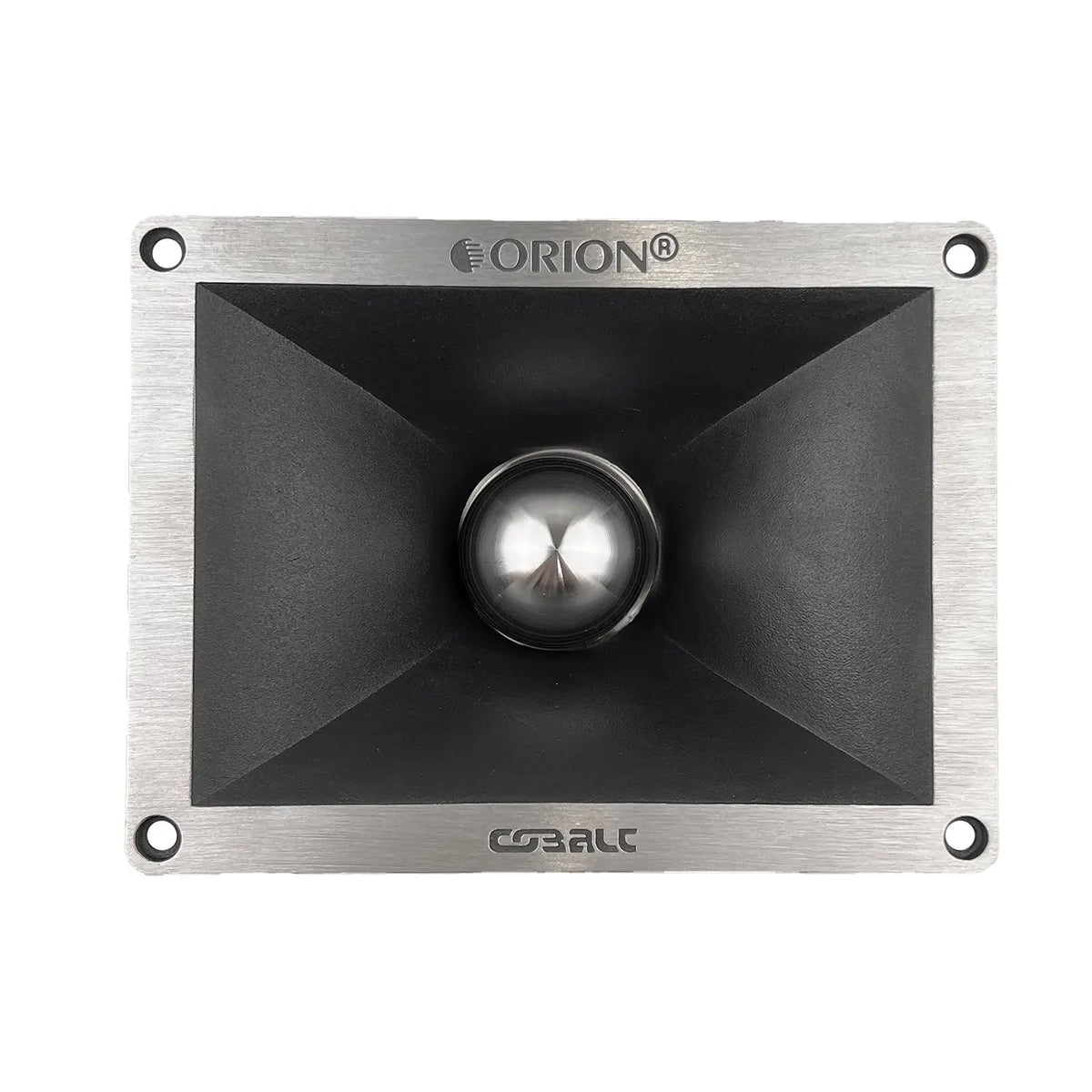 Square-mount super tweeter with exposed silver dome in black horn throat