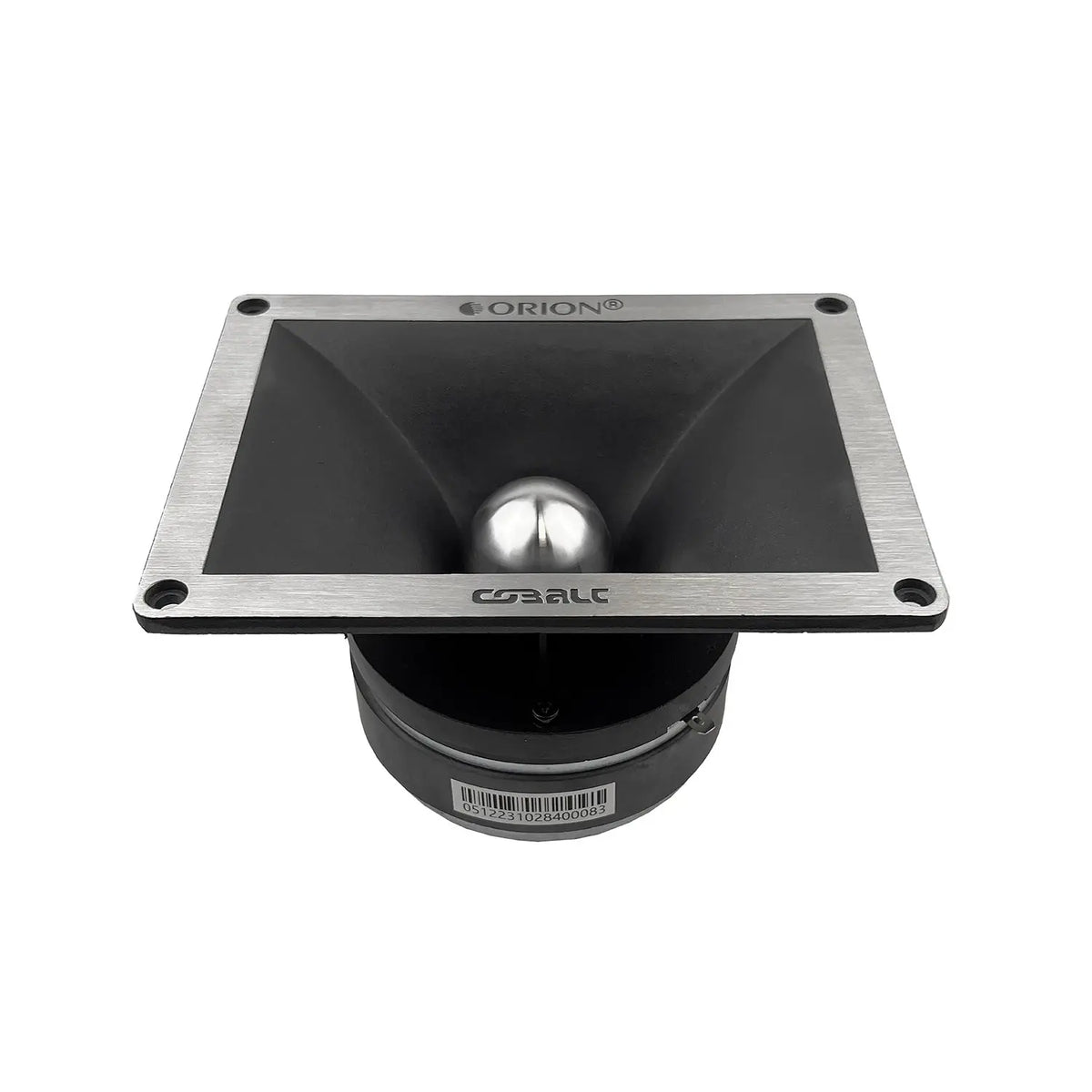 Side view of super tweeter speaker with black horn, silver dome, and mounting rim
