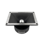 Side view of super tweeter speaker with black horn, silver dome, and mounting rim
