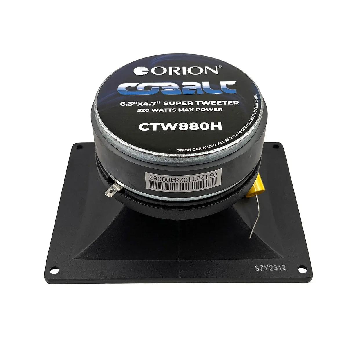 Super tweeter speaker with round top label and black square mounting plate