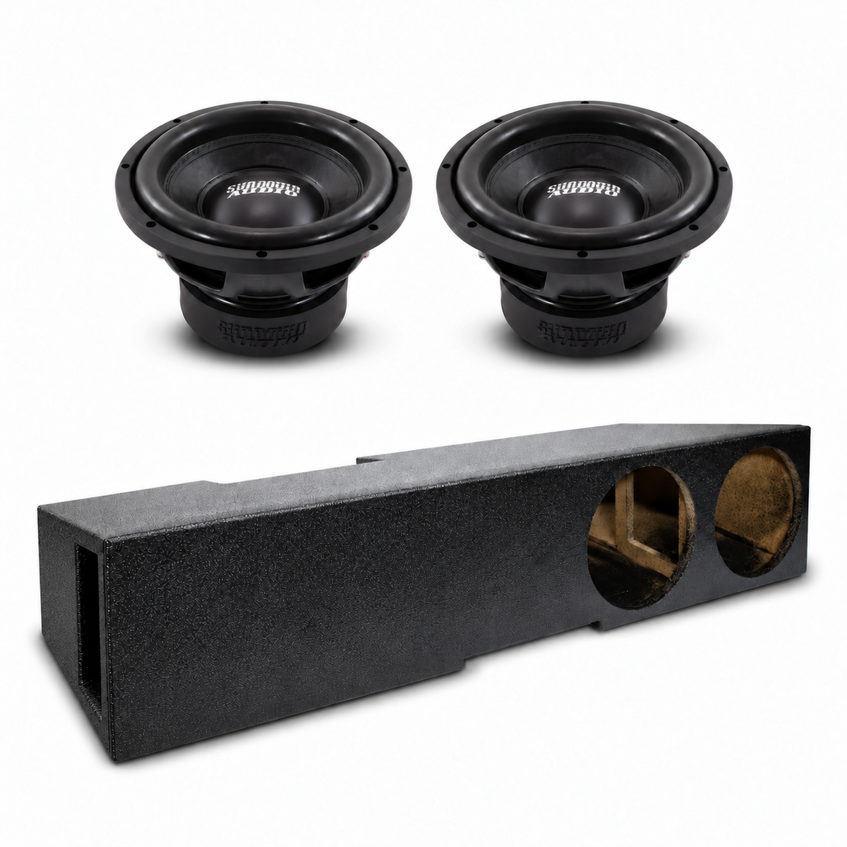 Dual 10-inch subwoofer box combo with two drivers and twin circular ports, black