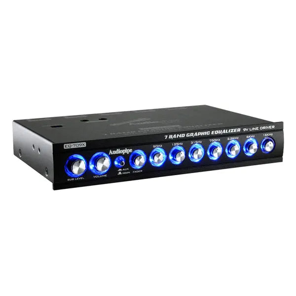 Audiopipe 7-band graphic equalizer with blue LED knobs and volume/fader controls