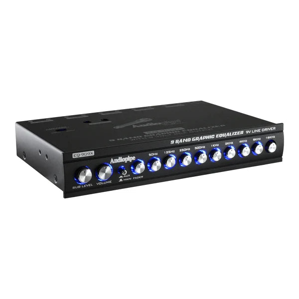 Black Audiopipe 9-band graphic equalizer with 9 blue lit control knobs and slider