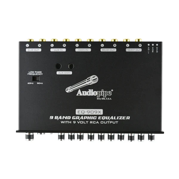 Black Audiopipe 9-band graphic equalizer rear panel with RCA output jacks and port labels