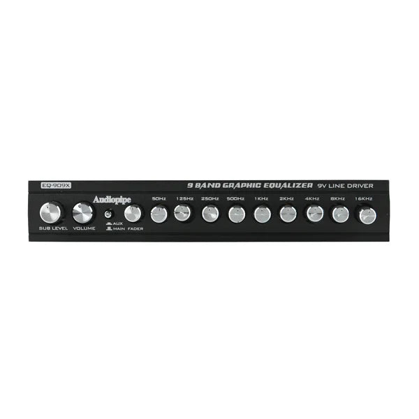 Black Audiopipe 9-band graphic equalizer front panel with 9 silver knobs and volume slider
