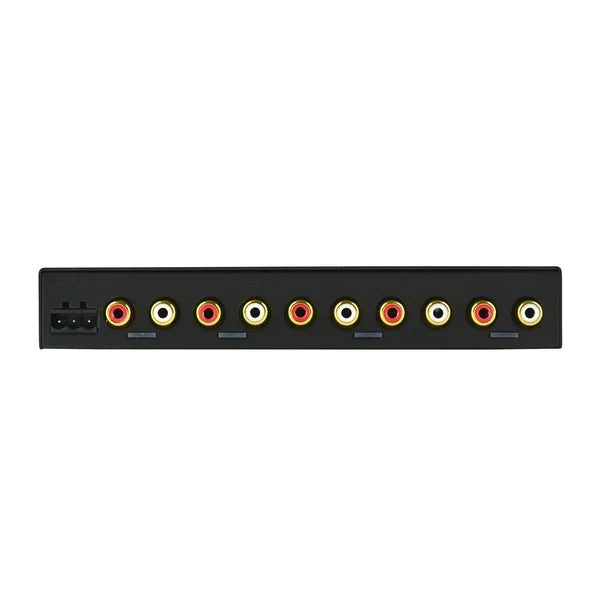 Black equalizer rear panel with RCA input/output connectors in red, yellow, and white