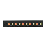 Black equalizer rear panel with RCA input/output connectors in red, yellow, and white