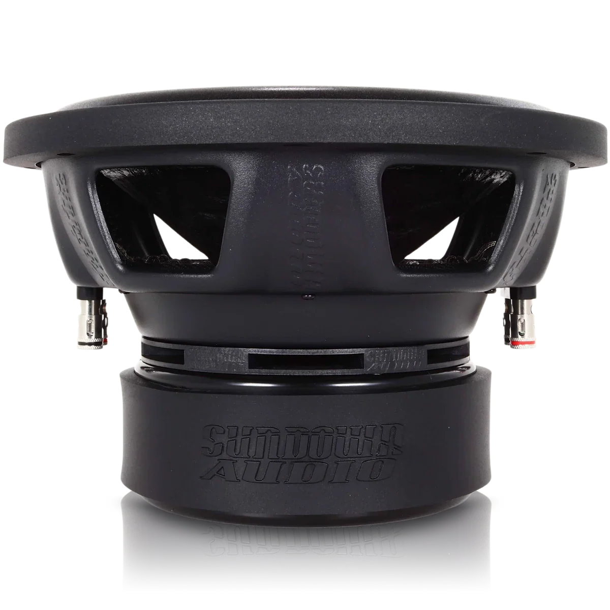 Front view of black 10-inch Sundown Audio subwoofer driver with mounting terminals