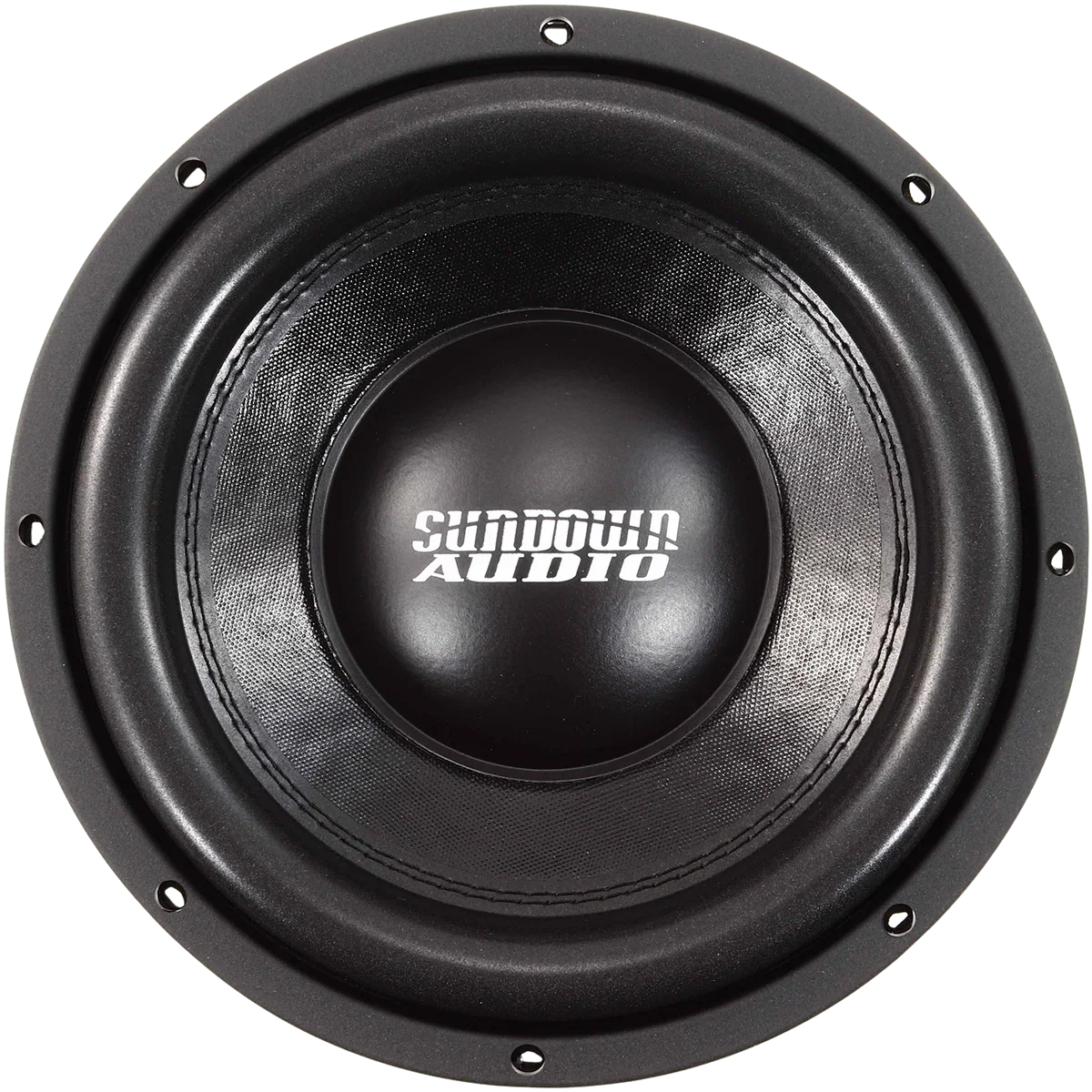 Close-up of black 10-inch Sundown Audio subwoofer with cone and dust cap logo