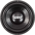 Close-up of black 10-inch Sundown Audio subwoofer with cone and dust cap logo