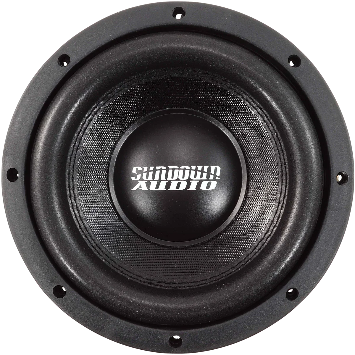 Black 8-inch subwoofer driver with Sundown Audio logo