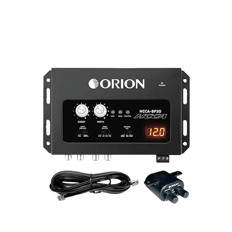 Orion bass processor with voltage display, knobs, and front control panel