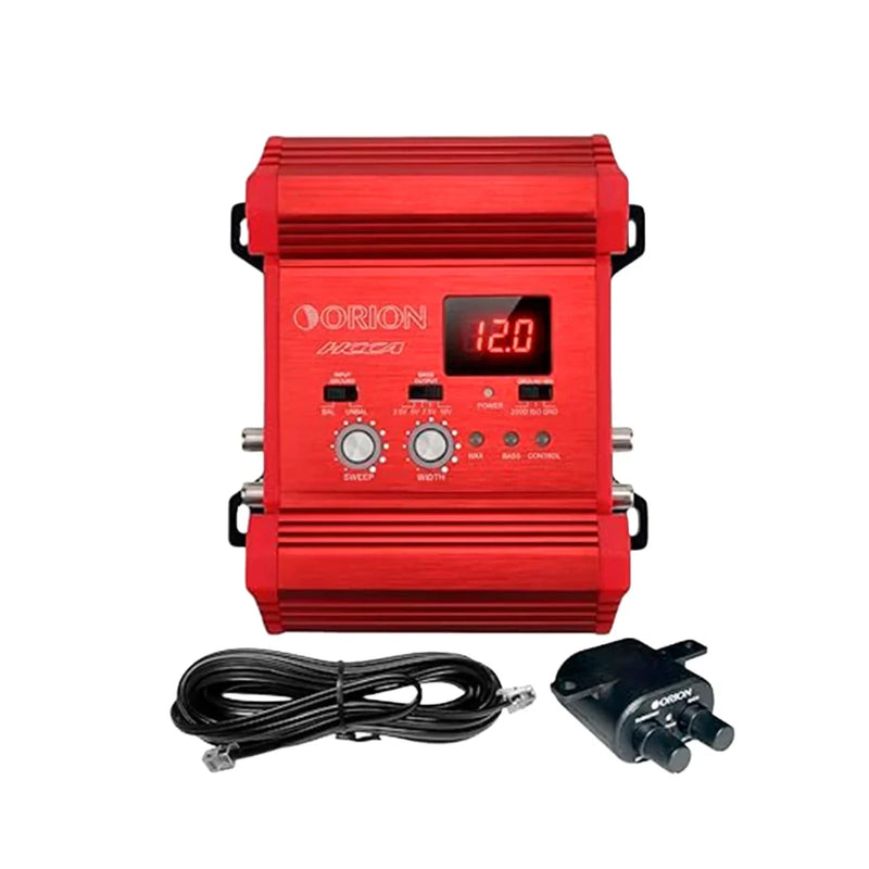 Orion HCCA-BP35 bass processor with red housing, voltage display, included cables