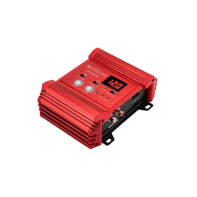 Orion HCCA-BP35 bass processor, side view with red metal casing and digital display
