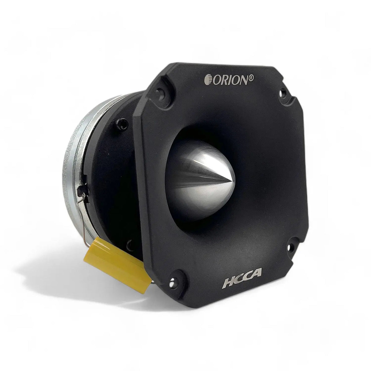 Black super bullet tweeter with mounting bracket and yellow wire lead