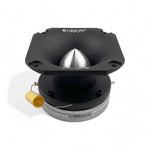 Black bullet tweeter driver with exposed silver terminals and yellow wire lead