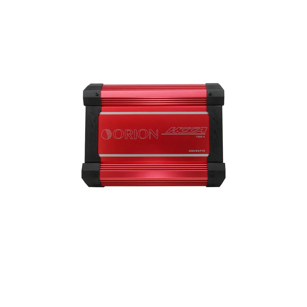 Orion 4-channel class-AB car amplifier, red front panel with side heat-sink blocks