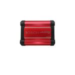 Orion 4-channel class-AB car amplifier, red front panel with side heat-sink blocks