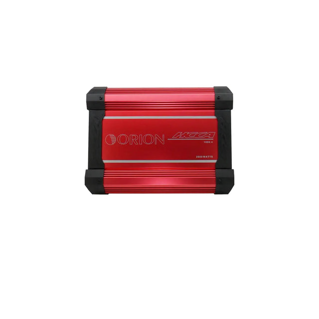 Orion 4-channel class-AB car amplifier, red front panel with side heat-sink blocks