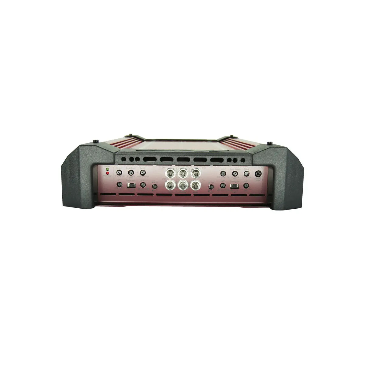 Orion 4-channel class-AB car amplifier rear panel with multiple ports and control knobs