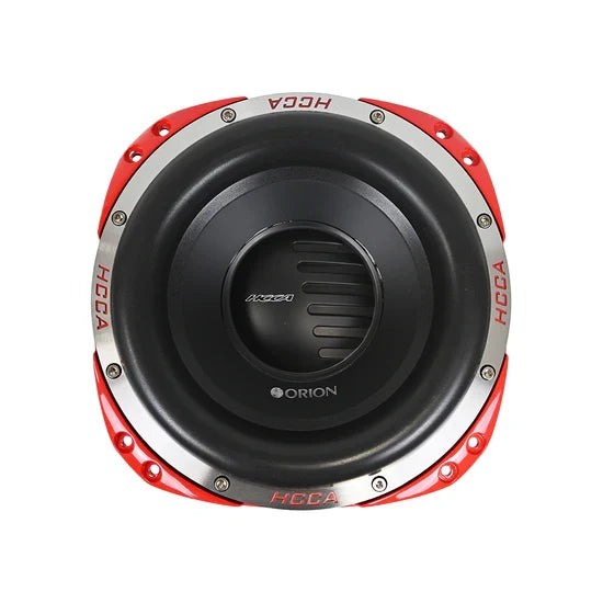Orion 10-inch car subwoofer with black cone and red trim ring
