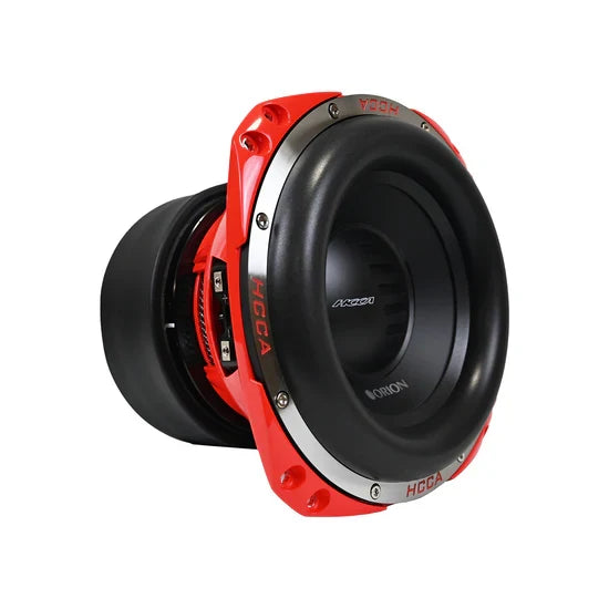 Orion 10-inch car subwoofer showing side view with red frame and black surround