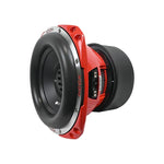 Orion 10 in subwoofer side view showing red frame and black cone surround