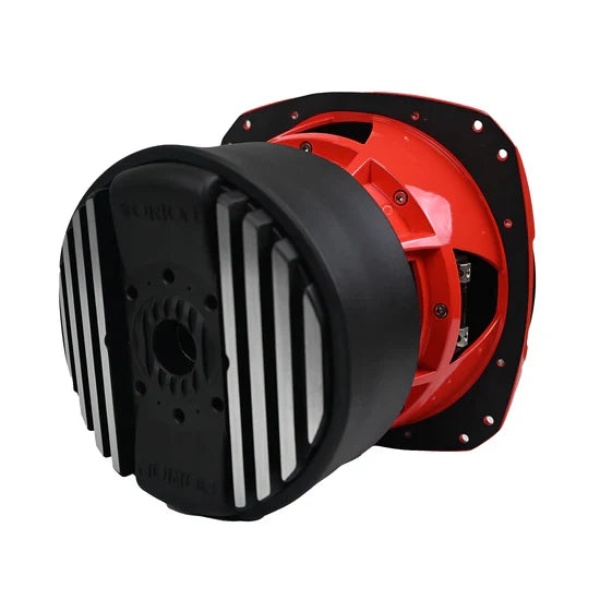 Orion 10-inch car subwoofer rear housing with black fins and red mounting ring