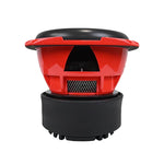 Orion 10 in subwoofer top view with red faceplate and black protective housing