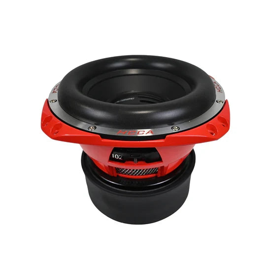 Orion 10 in subwoofer angled rear view with red grille and black frame