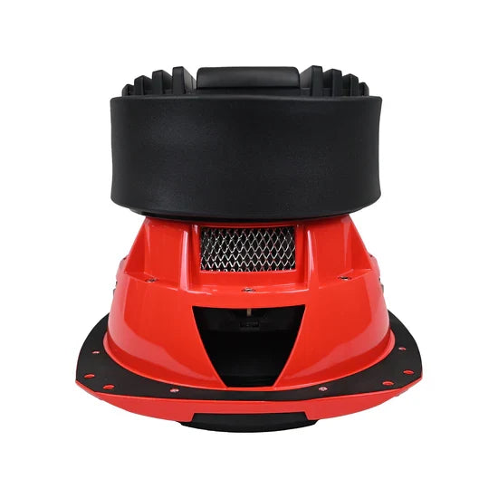 Orion 10-inch car subwoofer rear view with red body, black grille, and fins