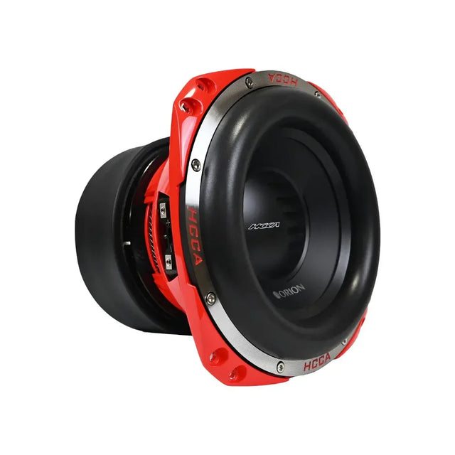 Orion HCCA 8-inch subwoofer driver with red mounting ring and black cone