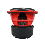 Orion 8" car audio subwoofer with red top housing, black back cover and grille