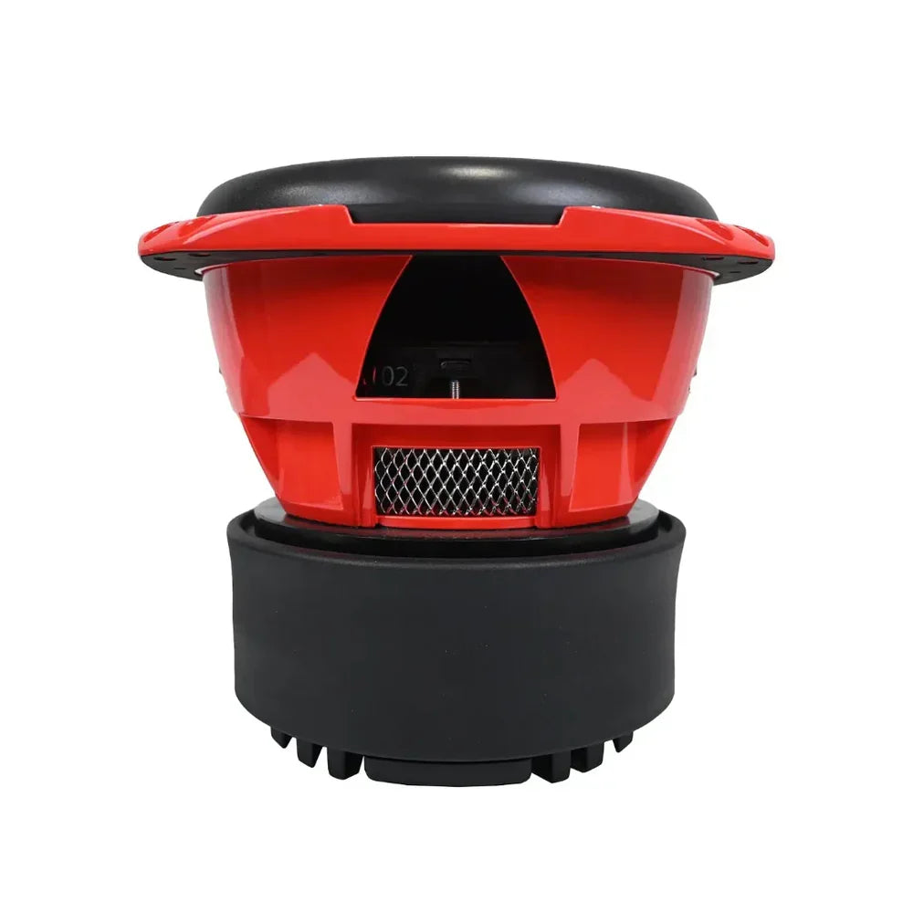 Orion HCCA 8-inch subwoofer driver rear view with red housing and black base