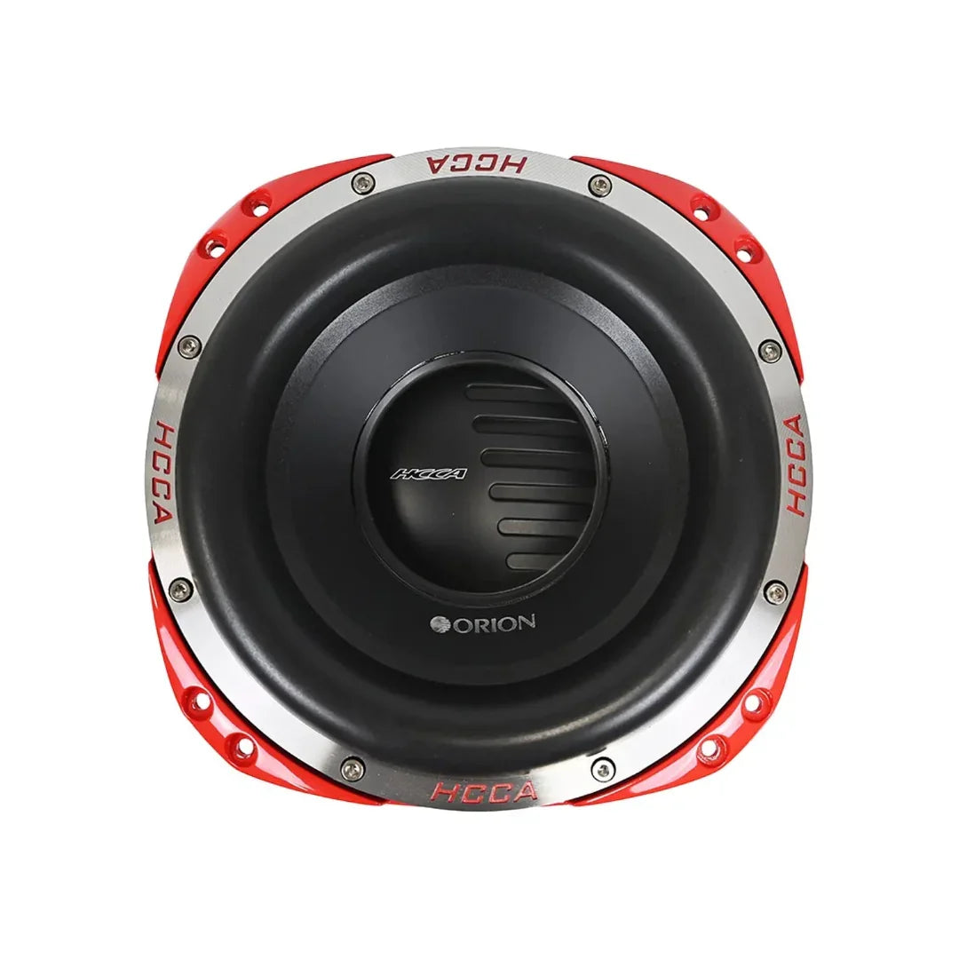 8in subwoofer with black cone and red bezel, Orion logo on front