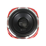 8in subwoofer with black cone and red bezel, Orion logo on front
