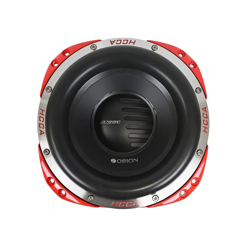 8in subwoofer with black cone and red bezel, Orion logo on front