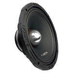 Black 10-inch midrange speaker driver angled view with silver dust cap